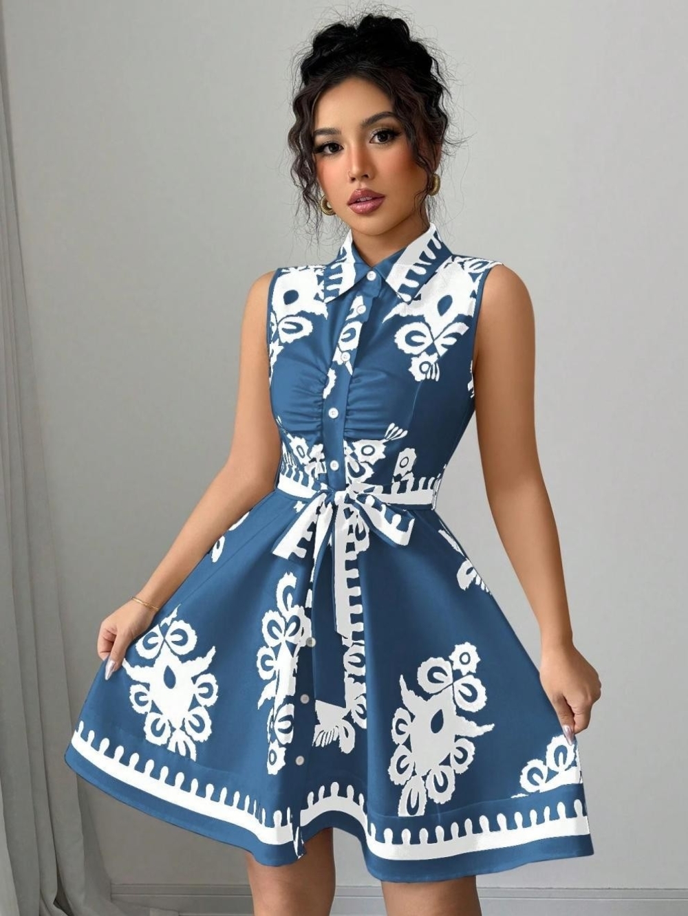 Sleeveless Blue & White Tie-Waist Mini Dress - Full & Plus Sizes